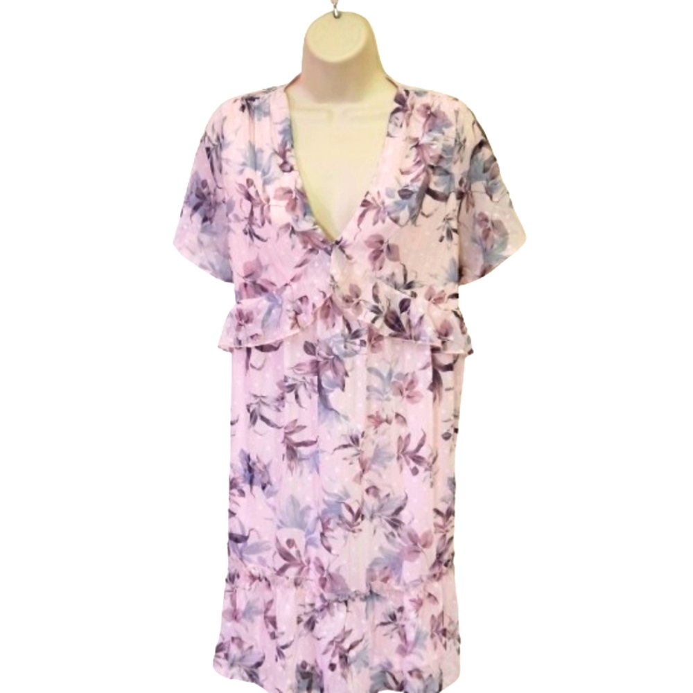 Pink Lily Pale Pink Multi-Color Floral Chiffon Ruffle Dress,Short Sleeve, Medium